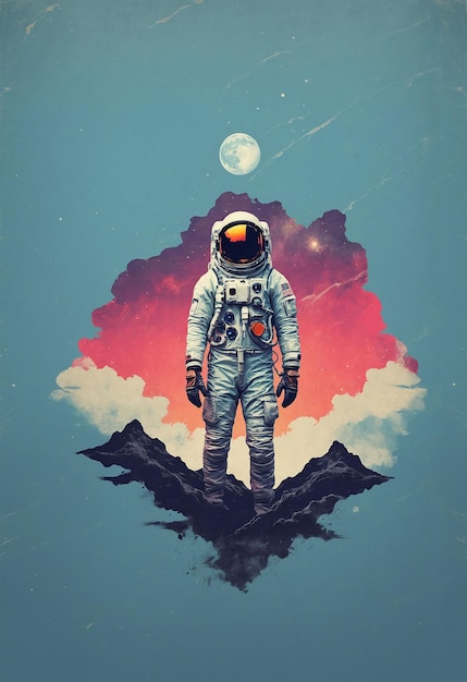 Photo poster astronaut against the backdrop of mountains