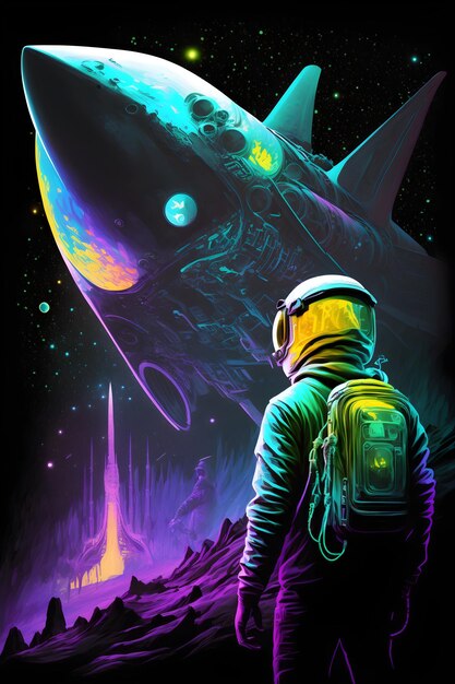 A poster for an astronaut looking at a spaceship.