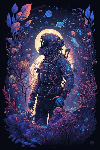 A poster of a astronaut with a moon in the background.