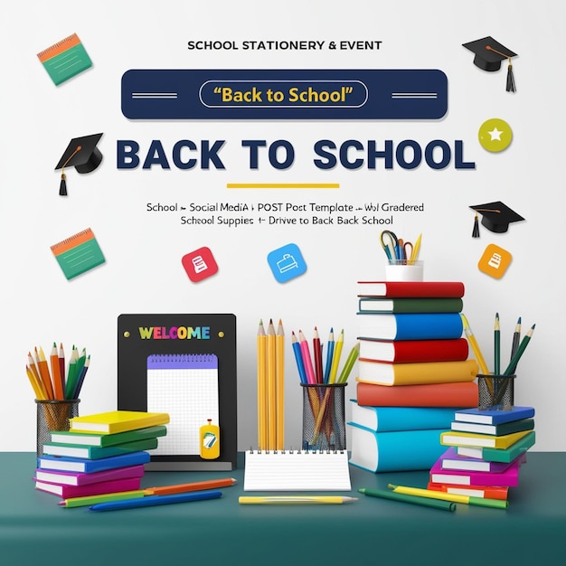 a poster for back to school with a background of books and a sign that says back to school