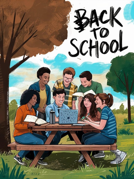 a poster for back to school with a group of kids playing with a laptop