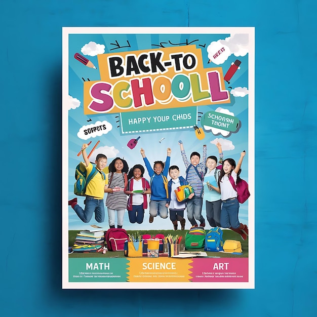 a poster for back to school with kids and school supplies