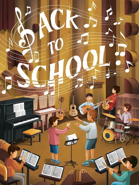 a poster for back to school with a music notes and a piano