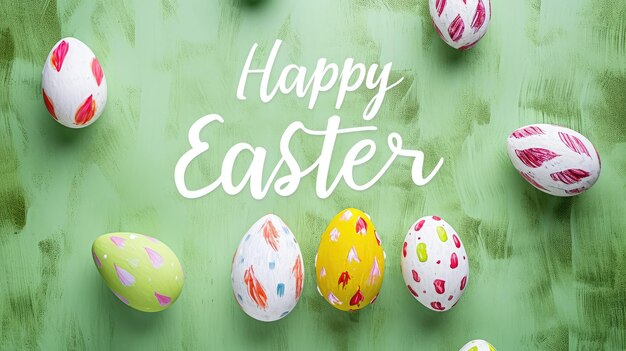 Poster and banner template with text Happy Easter with Easter eggs on a light green background