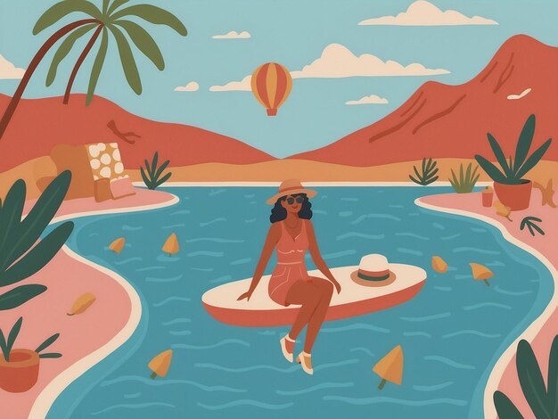 a poster for a beach resort with a woman on a surfboard