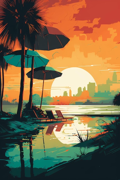 A poster for a beach scene with a city in the background.