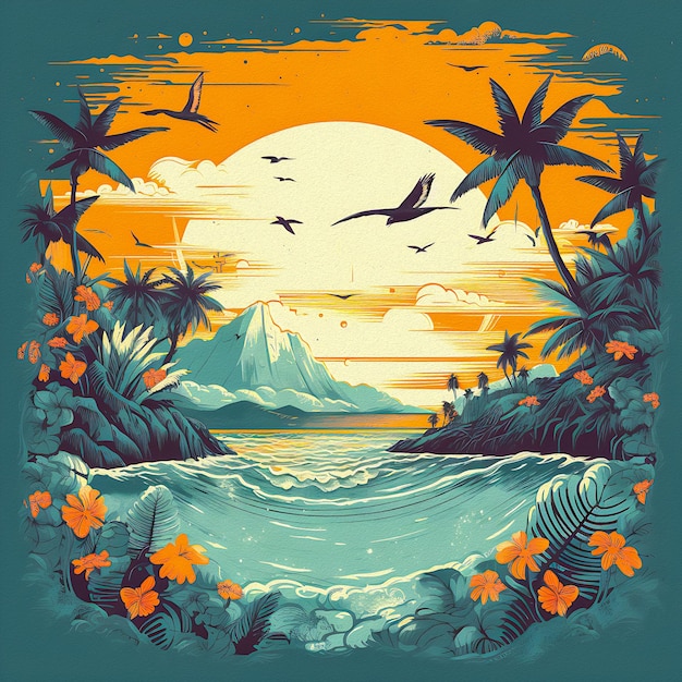 A poster for a beach scene with a mountain in the background.