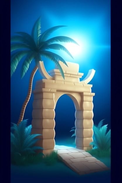 야자수와 문이 있는 해변 장면의 포스터.