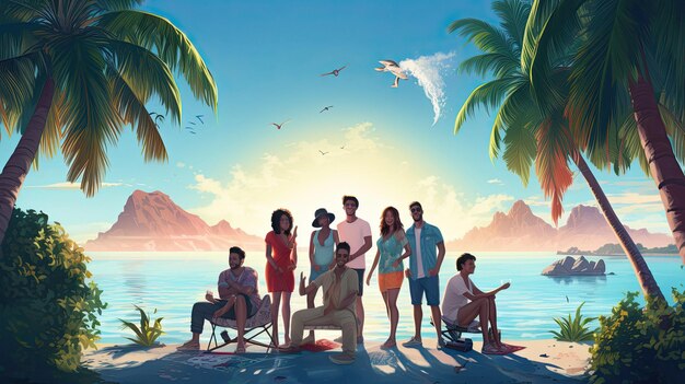 a poster for a beach scene with people in front of a beach and mountains in the background.