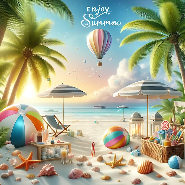 a poster for the beach with a beach scene and a beach scene with a beach scene and palm trees