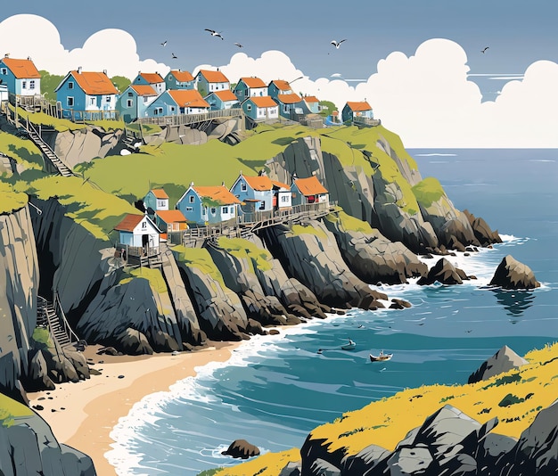 a poster of a beach with houses on the cliff