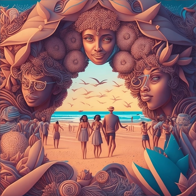 A poster for a beach with people and a woman with a face on the sand