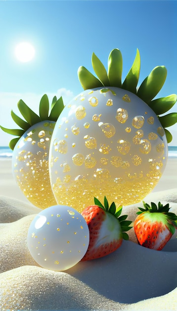 A poster for the beach with strawberries on it