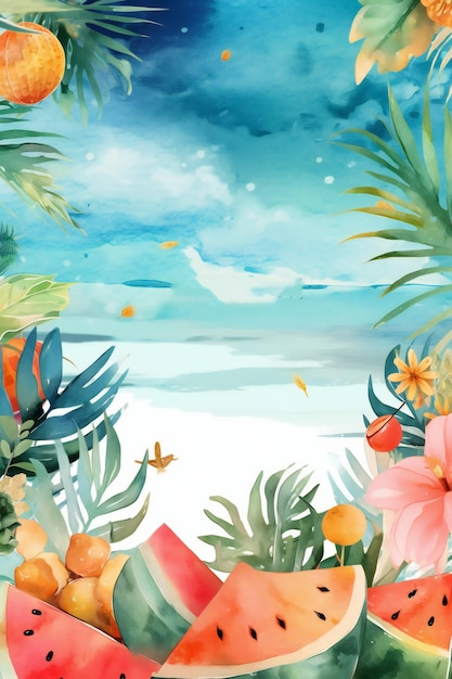 Photo a poster for a beach with tropical flowers and a tropical island.