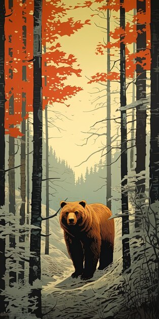 a poster for a bear that is in the woods