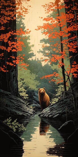 a poster for a bear that is in the woods