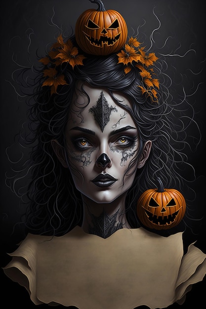 Poster of a beautiful woman with halloween costume and halloween pumpkins horror poster