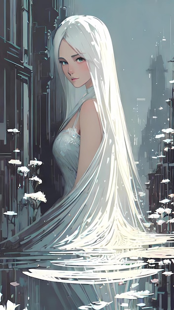 A poster of a beautiful woman with long white hair