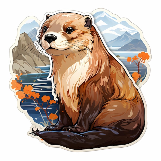 a poster of a beaver with a mountain in the background.