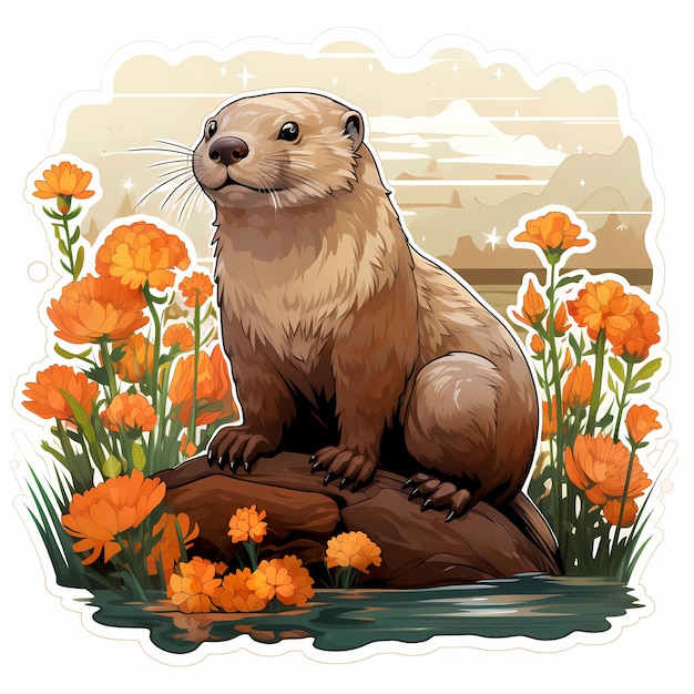 a poster of a beaver with orange flowers and a bear on it.