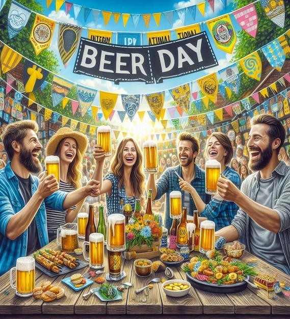 Foto un poster del giorno della birra è visualizzato con persone che hanno un festival della birra