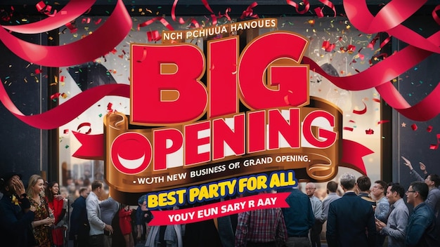 a poster for big opening party featuring a large open door