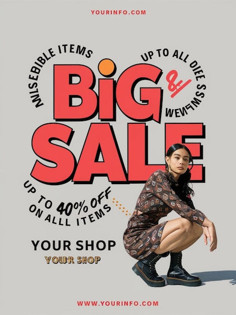 Photo a poster for big sale shows a woman kneeling on the ground and a sale sale sign