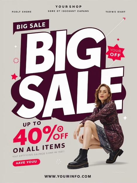 a poster for big sale shows a woman sitting on a chair and a sign that says big sale