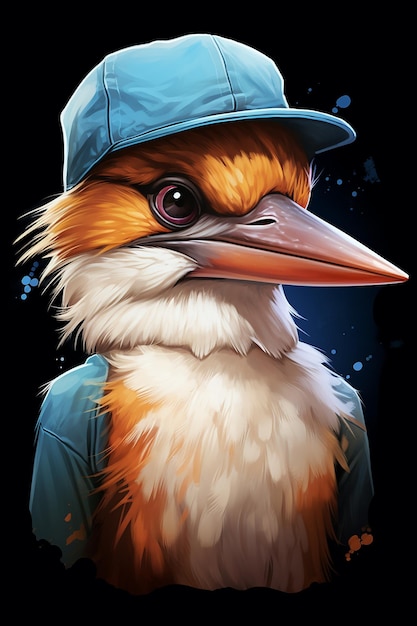 a poster for a bird with a blue hat on it