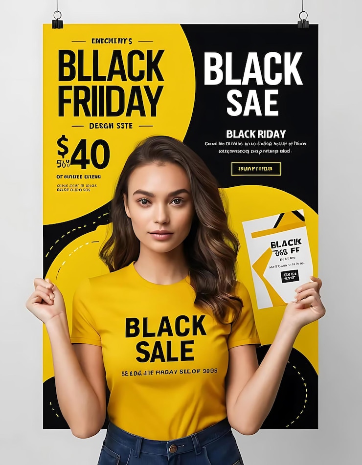Photo a poster for black friday sale with a woman wearing a yellow shirt that says quota black friday sale flyer desing