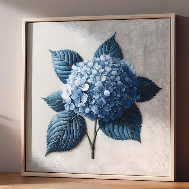 A poster of blue hydrangea made of embroidery