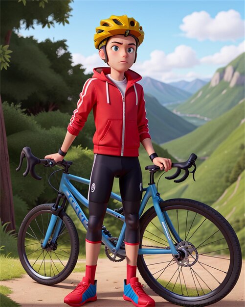 a poster for a boy with a bike and a mountain in the background.