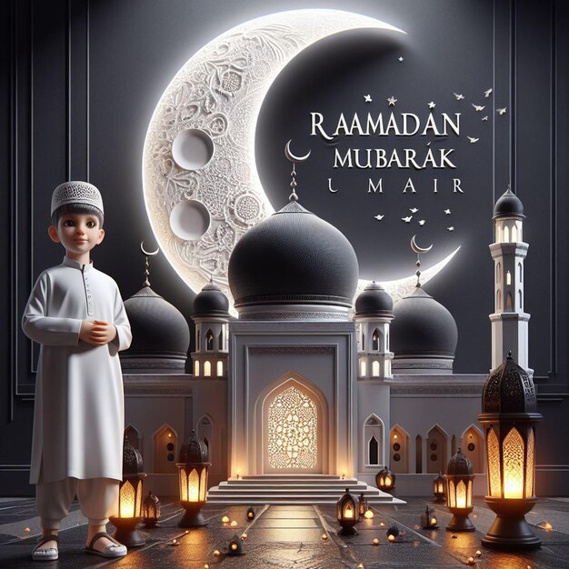 a poster for a boy with a moon and a mosque on it