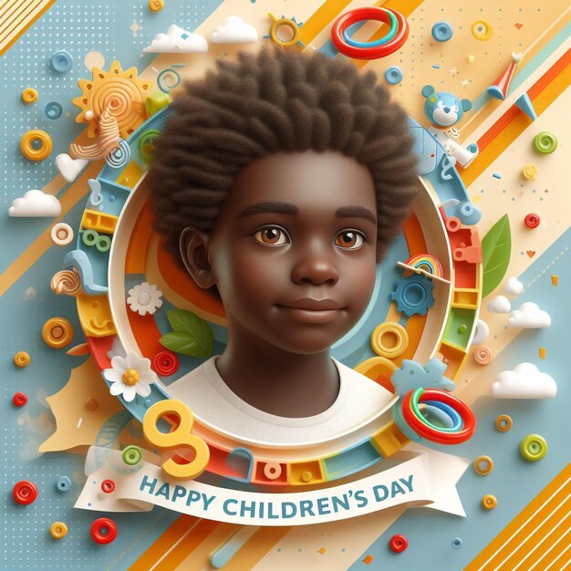 Photo a poster of a boy with a rainbow and the words happy children