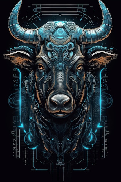 A poster of a bull with a blue background and the words bull on it.