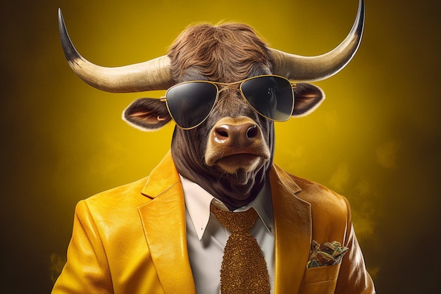 A poster of a bull with a yellow jacket and sungl