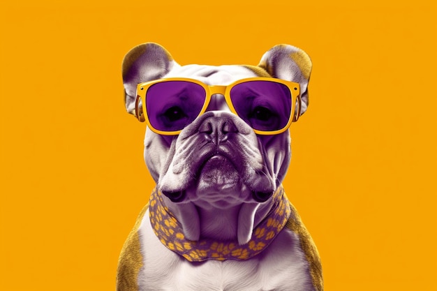 Poster of a bulldog wearing sunglasses on yellow background
