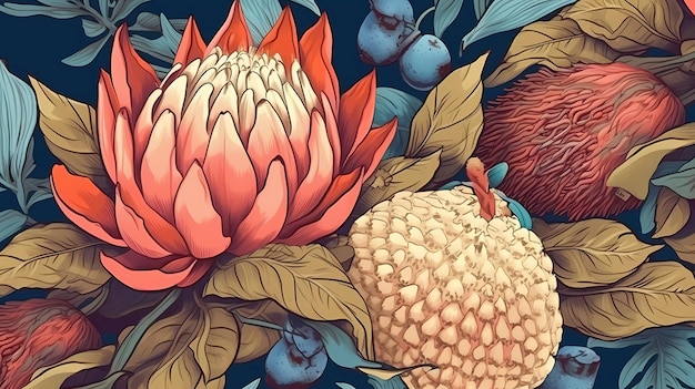 A poster of a bunch of proteas and blueberries.