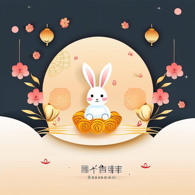 중국 등불이 그려진 종이가 달린 토끼 포스터입니다.