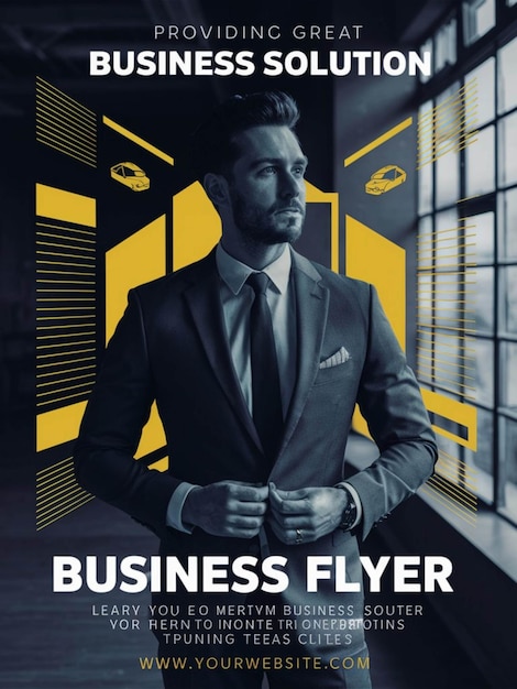 a poster for business flying with a man in a suit