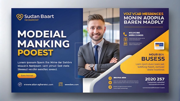 a poster for a business meeting with a man in a suit