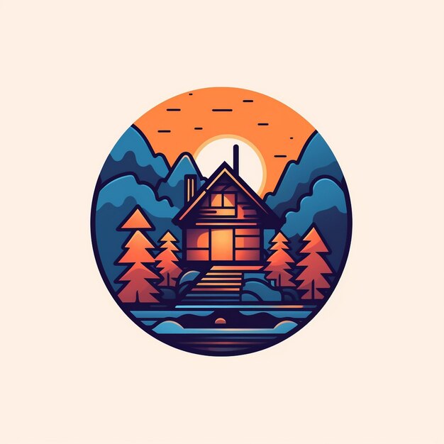 山の景色のある小屋のポスター