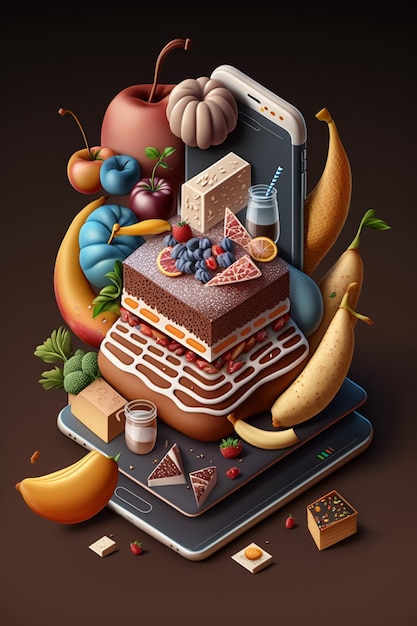 A poster of a cake with a fruit and a phone on it