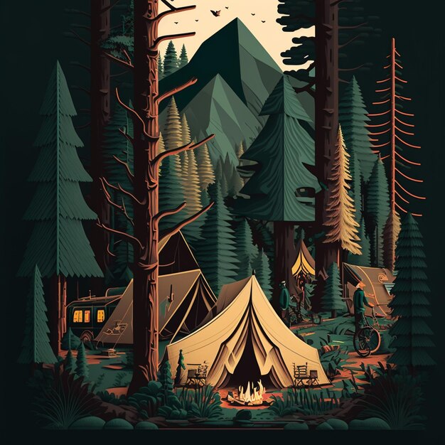 A poster for a camp with a tent in the woods.