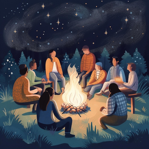 A poster for a campfire with a group of people sitting around it.