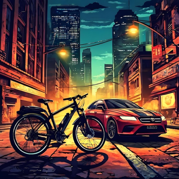 a poster of a car with a bike on the front and a bike on the side