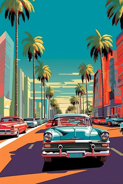 A poster of a car with a blue car in front of palm trees.