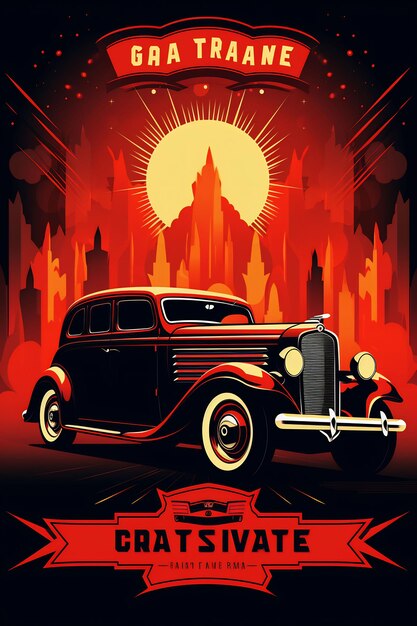 a poster for a car with the sun behind it.