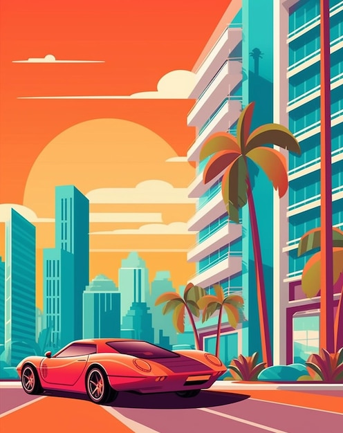 A poster for a car with a sunset in the background