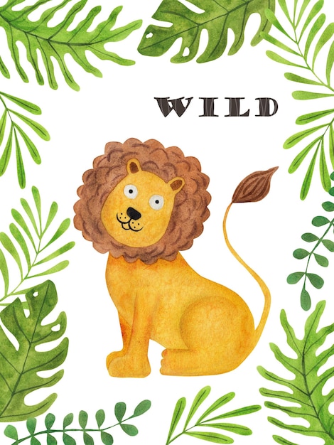 Poster card Jungle lion in tropical leaves Watercolor illustration